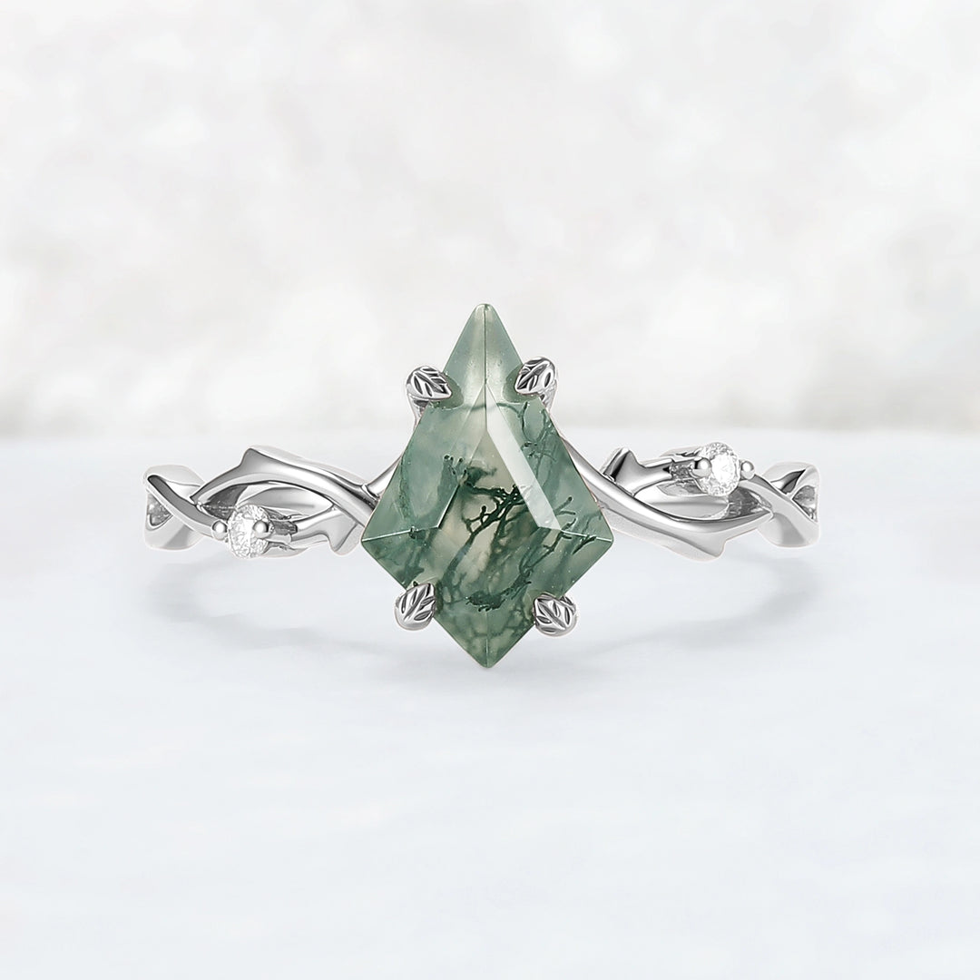 Unique Kite Cut Moss Agate Leaf and Vine Engagement Ring