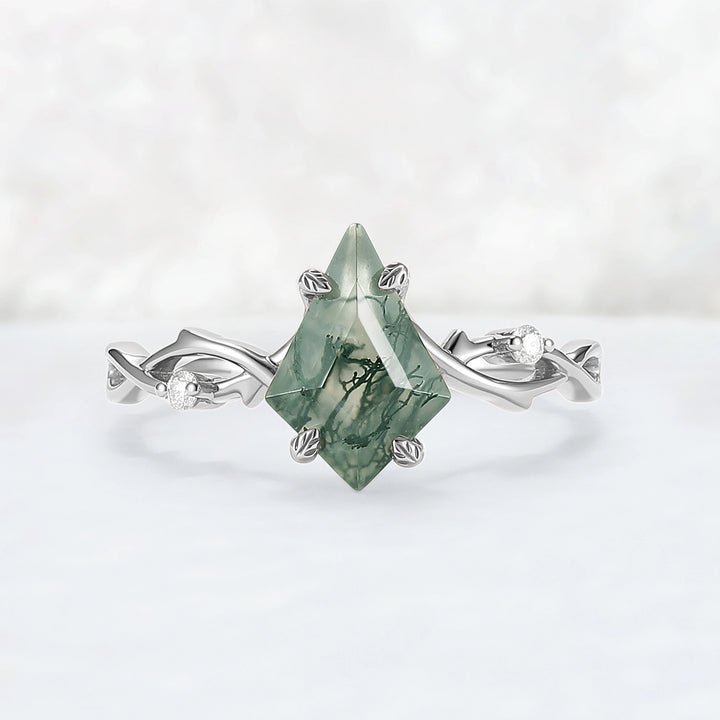 Unique Kite Cut Moss Agate Leaf and Vine Engagement Ring