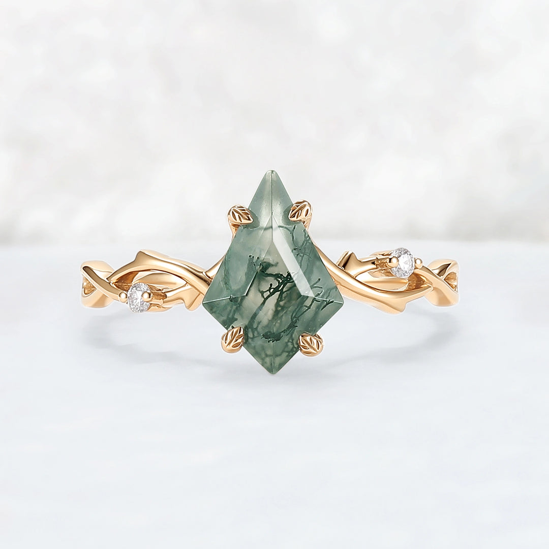 Unique Kite Cut Moss Agate Leaf and Vine Engagement Ring