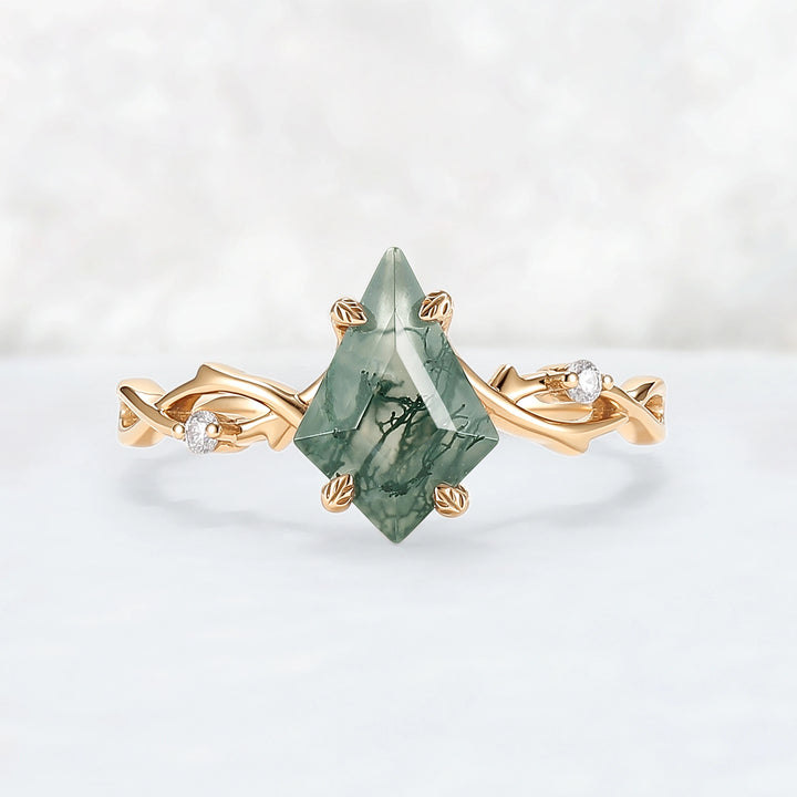 Unique Kite Cut Moss Agate Leaf and Vine Engagement Ring
