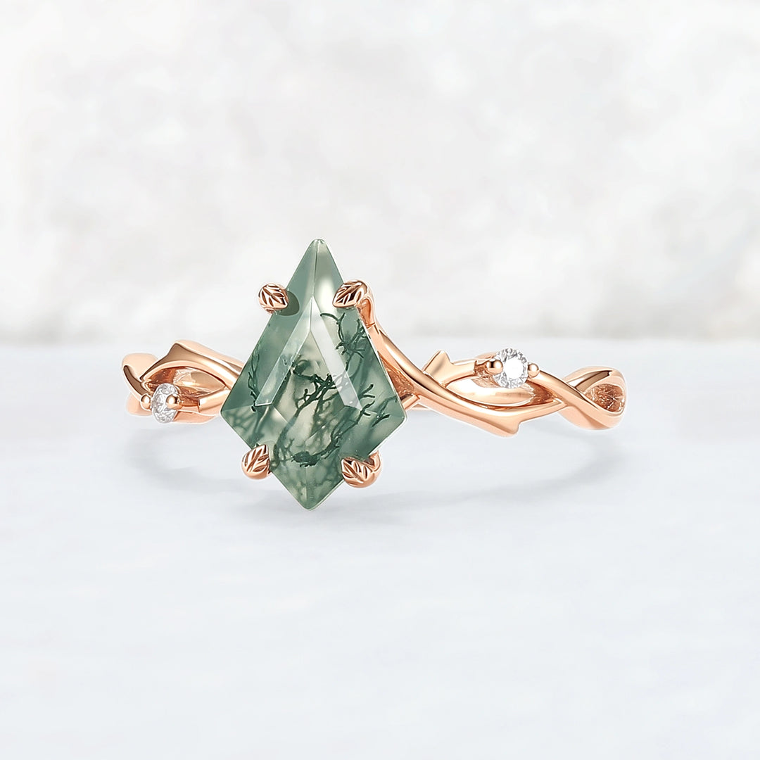 Unique Kite Cut Moss Agate Leaf and Vine Engagement Ring