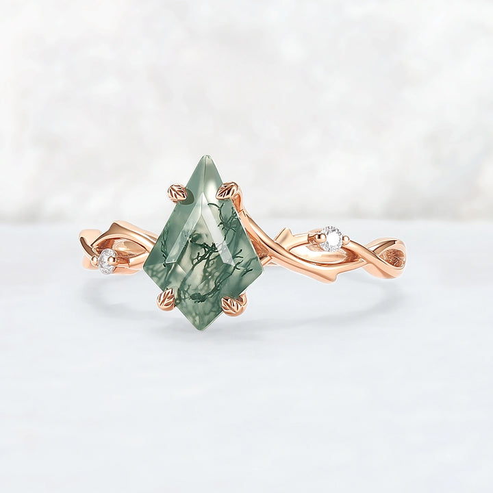 Unique Kite Cut Moss Agate Leaf and Vine Engagement Ring