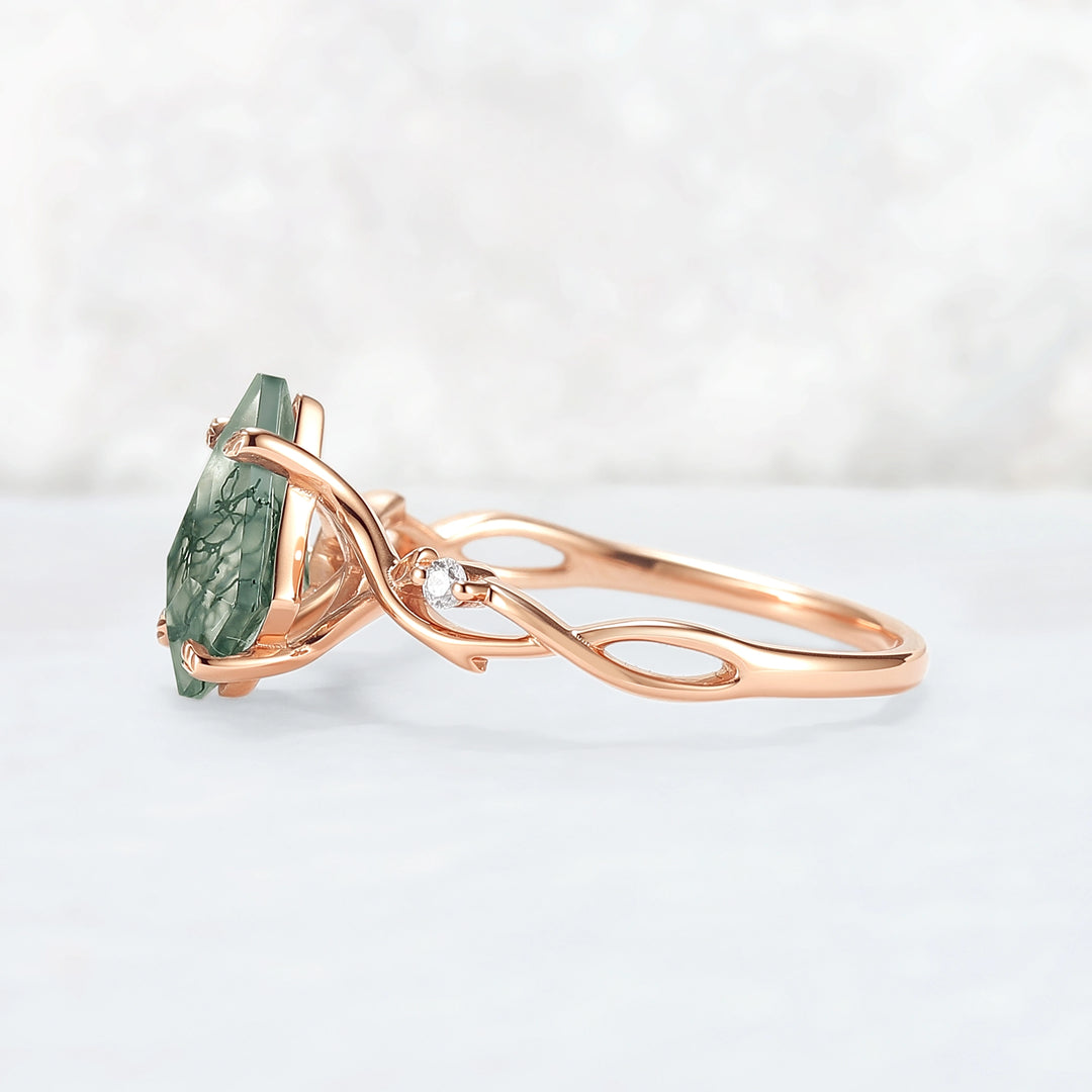 Unique Kite Cut Moss Agate Leaf and Vine Engagement Ring