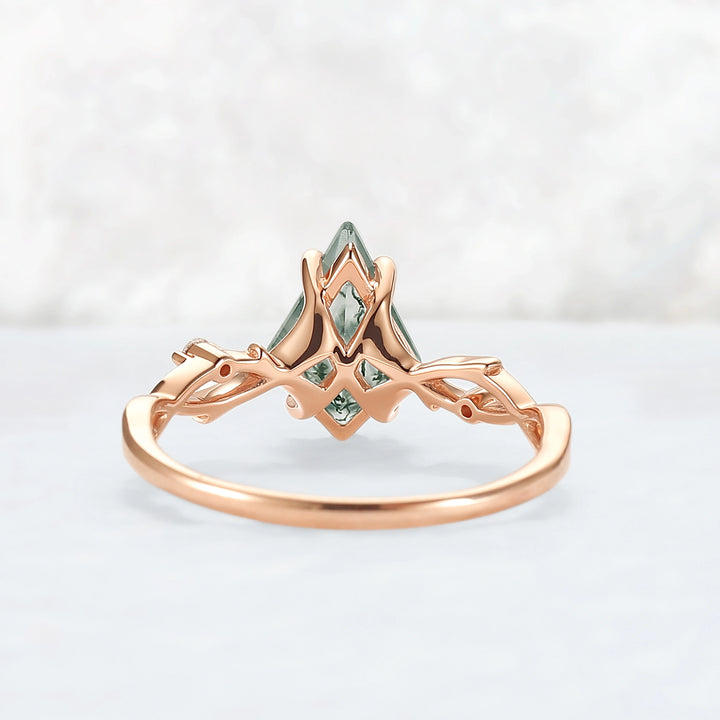 Unique Kite Cut Moss Agate Leaf and Vine Engagement Ring