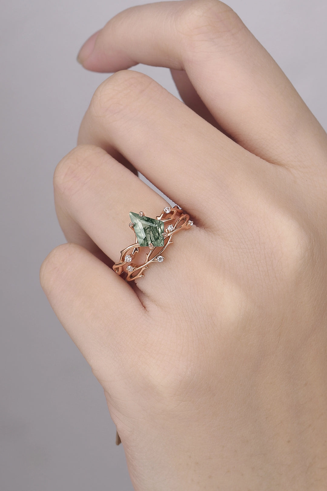 Unique Kite Cut Moss Agate Leaf and Vine Gemstone Ring Set 2pcs