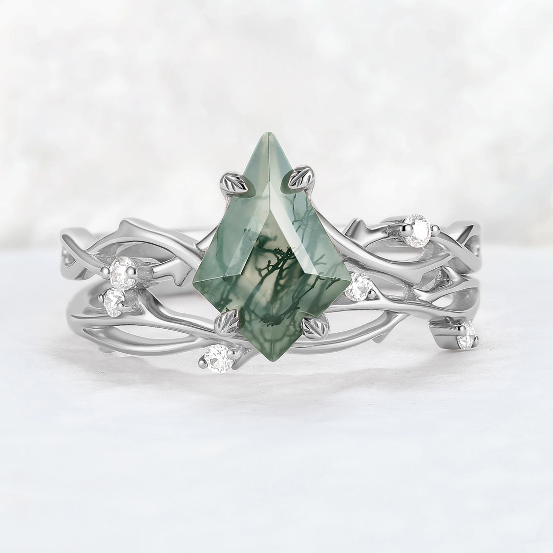 Unique Kite Cut Moss Agate Leaf and Vine Gemstone Ring Set 2pcs