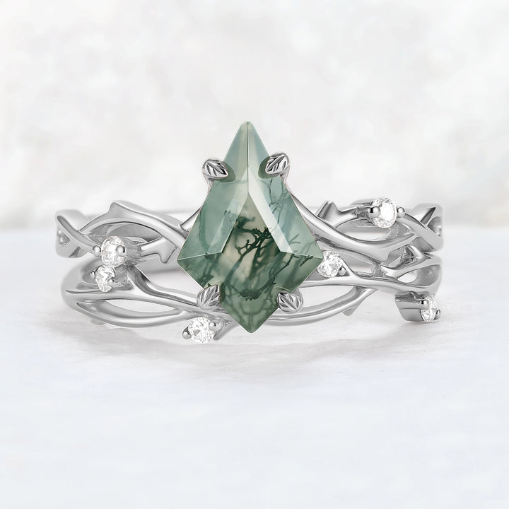 Unique Kite Cut Moss Agate Leaf and Vine Gemstone Ring Set 2pcs