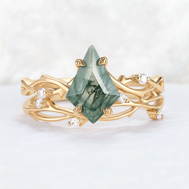 Unique Kite Cut Moss Agate Leaf and Vine Gemstone Ring Set 2pcs