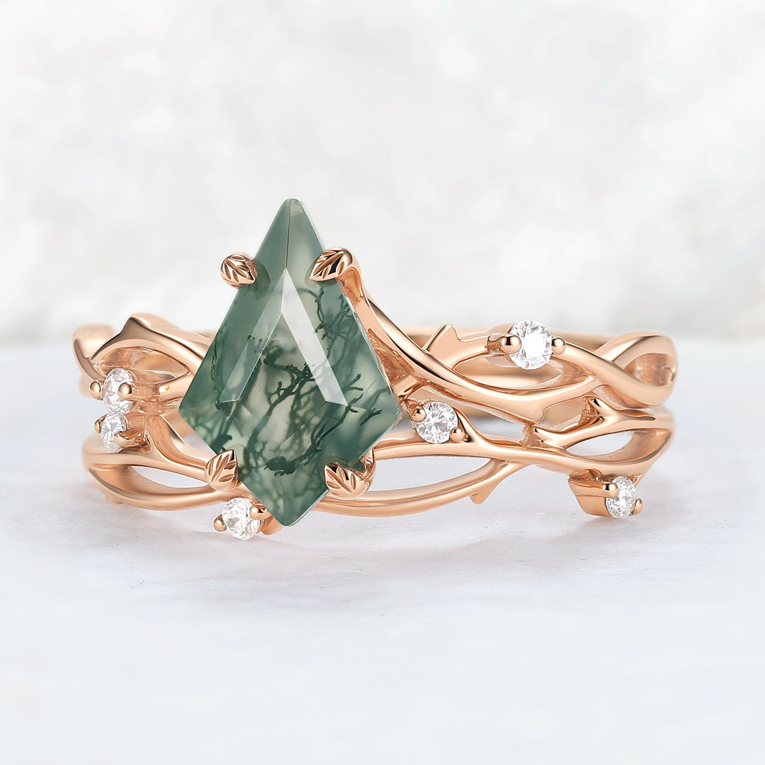 Unique Kite Cut Moss Agate Leaf and Vine Gemstone Ring Set 2pcs
