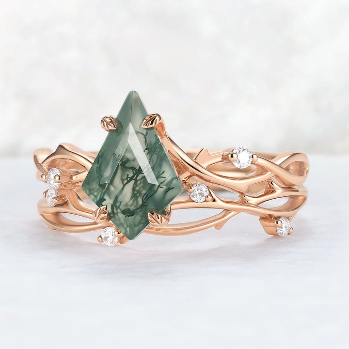 Unique Kite Cut Moss Agate Leaf and Vine Gemstone Ring Set 2pcs
