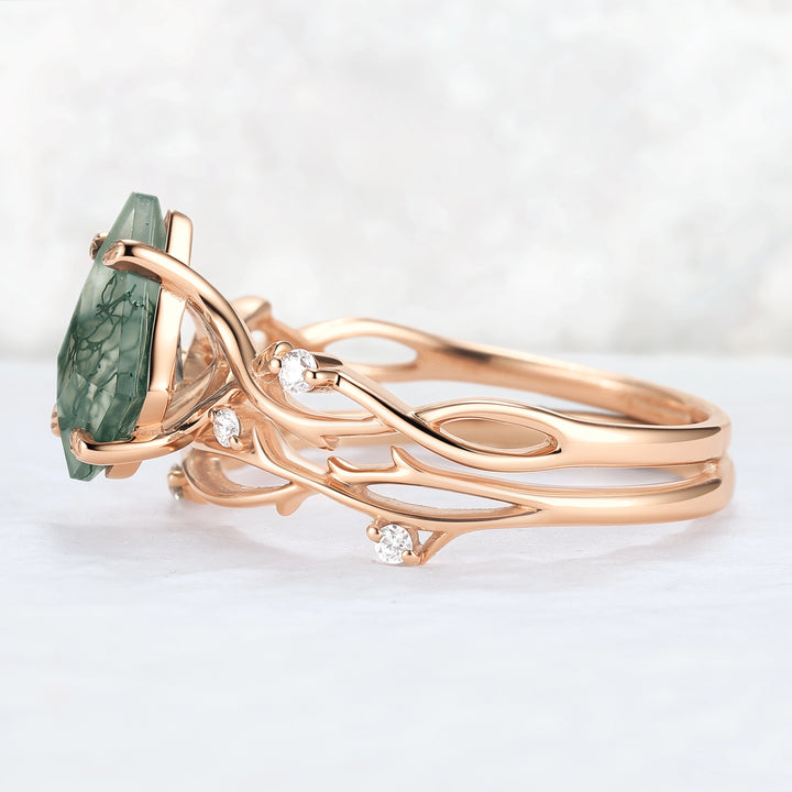 Unique Kite Cut Moss Agate Leaf and Vine Gemstone Ring Set 2pcs