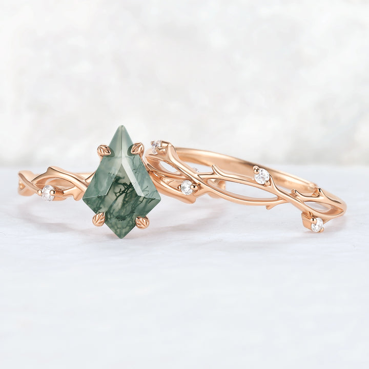 Unique Kite Cut Moss Agate Leaf and Vine Gemstone Ring Set 2pcs
