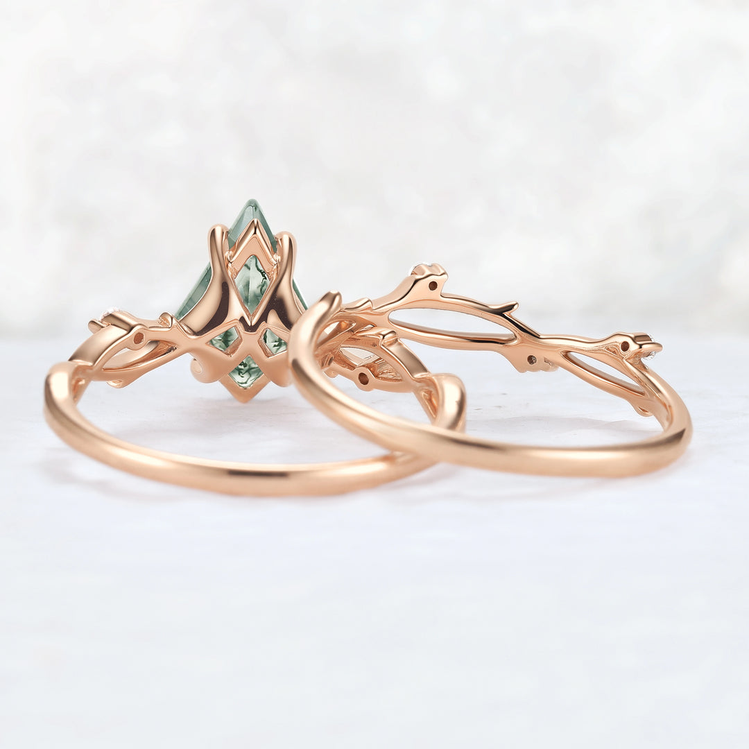 Unique Kite Cut Moss Agate Leaf and Vine Gemstone Ring Set 2pcs