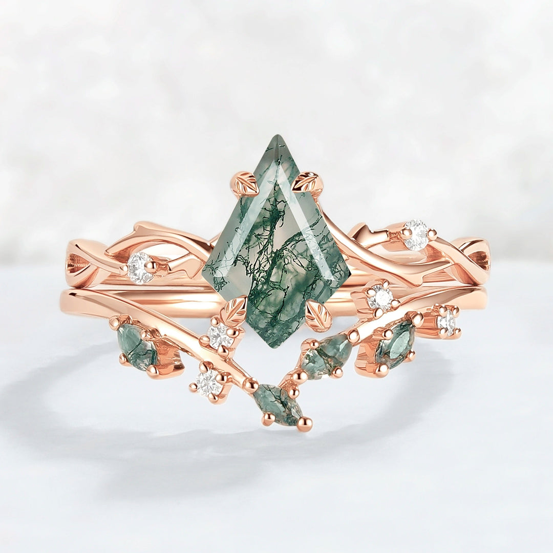 Unique Kite Cut Moss Agate Leaf and Vine Ring Set 2pcs