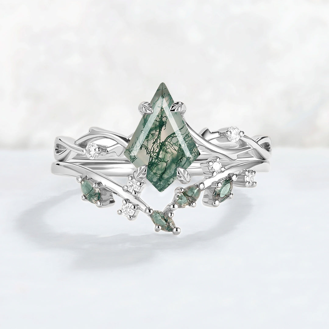 Unique Kite Cut Moss Agate Leaf and Vine Ring Set 2pcs