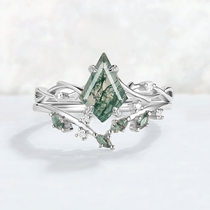 Unique Kite Cut Moss Agate Leaf and Vine Ring Set 2pcs