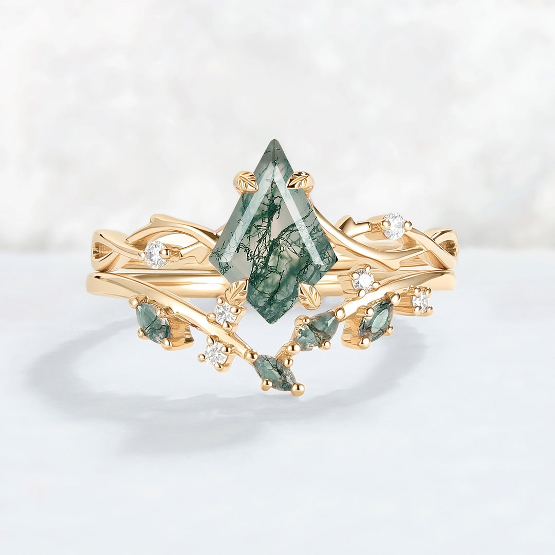 Unique Kite Cut Moss Agate Leaf and Vine Ring Set 2pcs