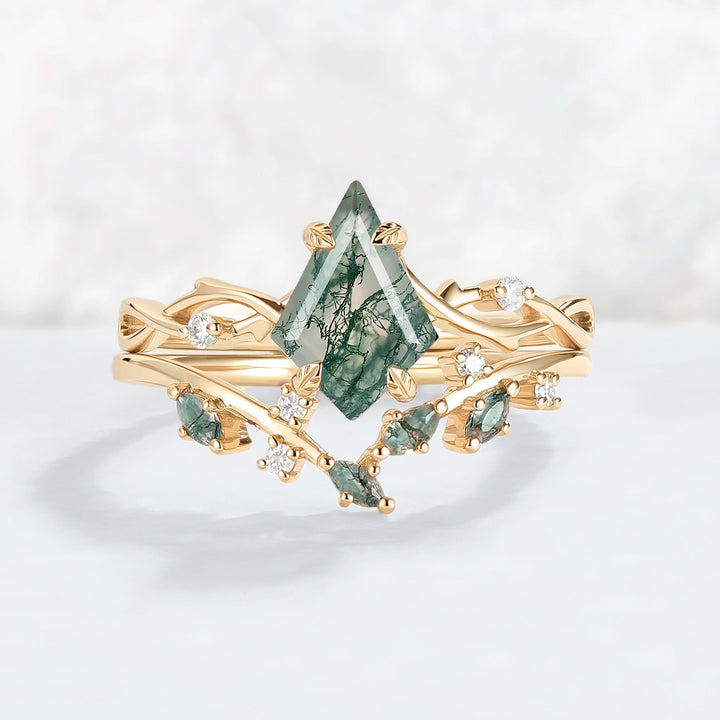 Unique Kite Cut Moss Agate Leaf and Vine Ring Set 2pcs