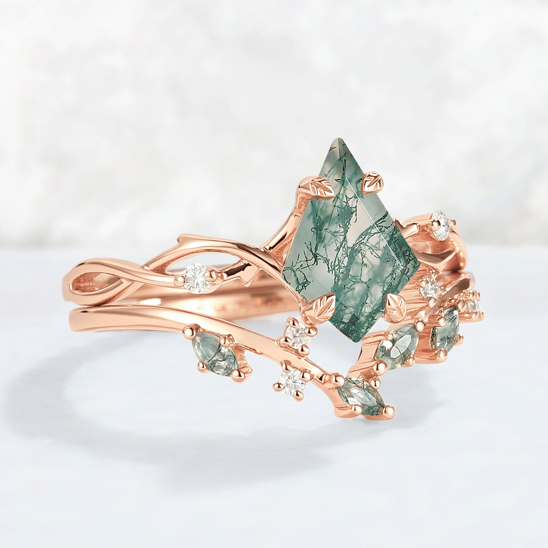 Unique Kite Cut Moss Agate Leaf and Vine Ring Set 2pcs