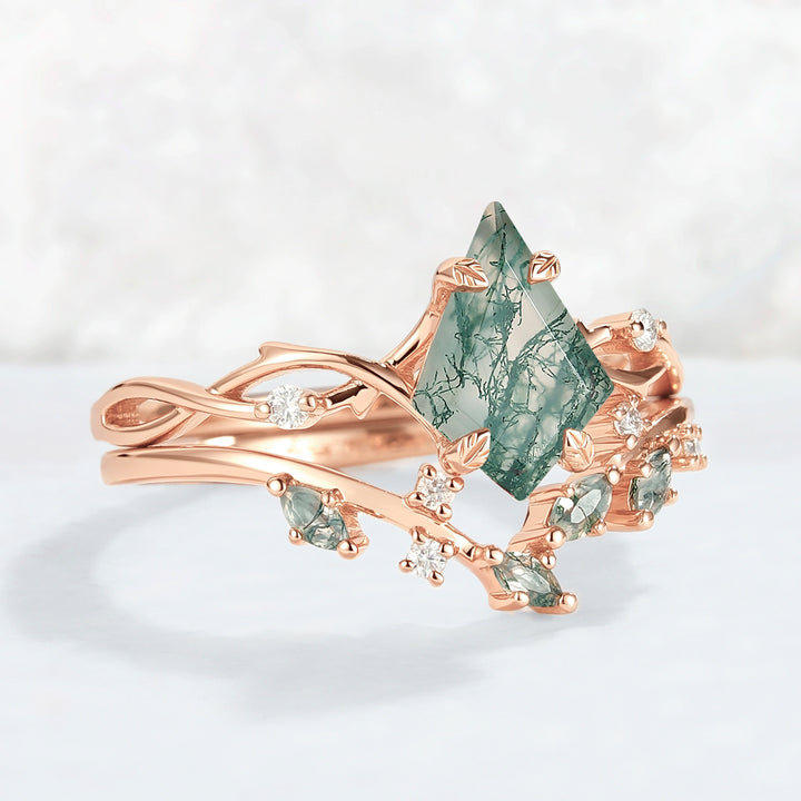 Unique Kite Cut Moss Agate Leaf and Vine Ring Set 2pcs