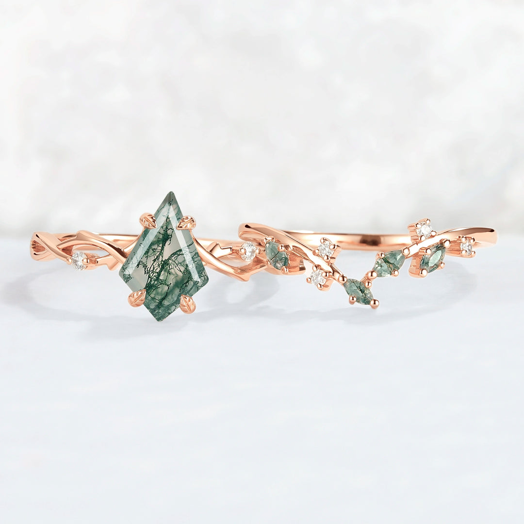 Unique Kite Cut Moss Agate Leaf and Vine Ring Set 2pcs