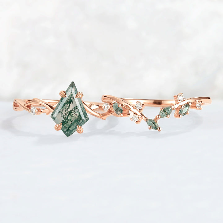 Unique Kite Cut Moss Agate Leaf and Vine Ring Set 2pcs