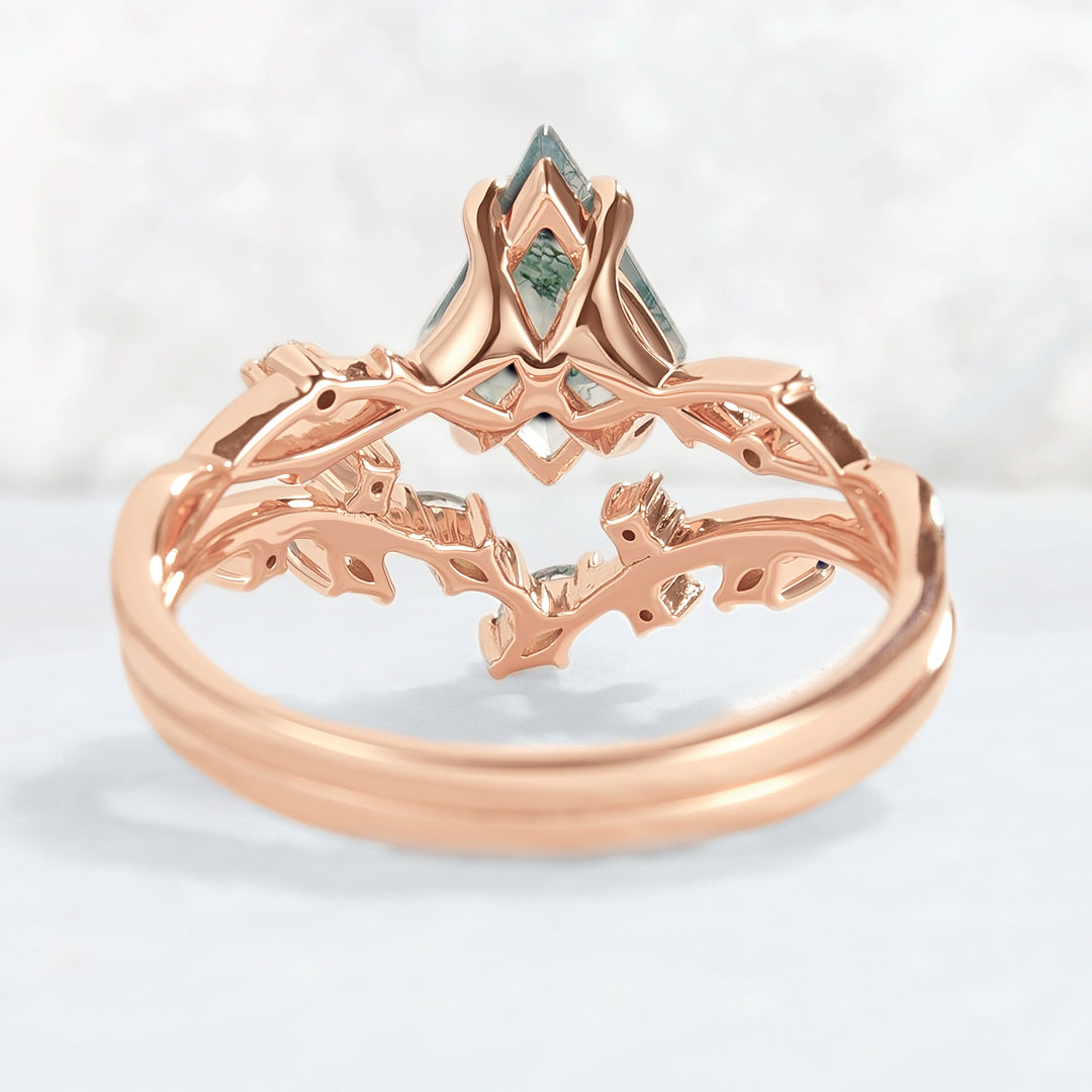 Unique Kite Cut Moss Agate Leaf and Vine Ring Set 2pcs