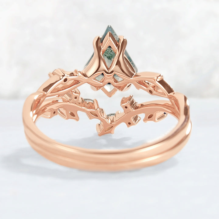 Unique Kite Cut Moss Agate Leaf and Vine Ring Set 2pcs
