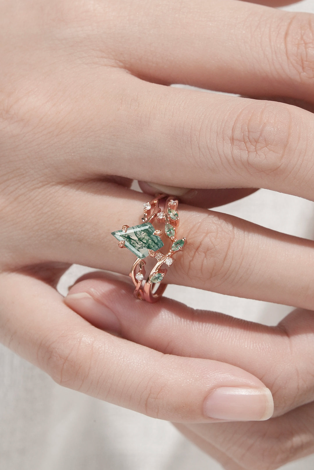 Unique Kite Cut Moss Agate Leaf and Vine Ring Set 2pcs