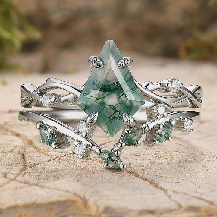 Unique Kite Cut Moss Agate Leaf and Vine Silver Ring Set 2pcs