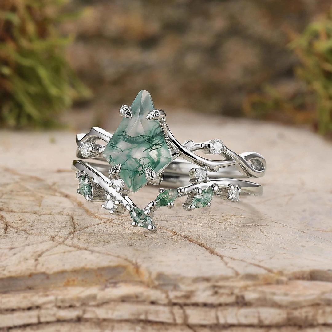 Unique Kite Cut Moss Agate Leaf and Vine Silver Ring Set 2pcs