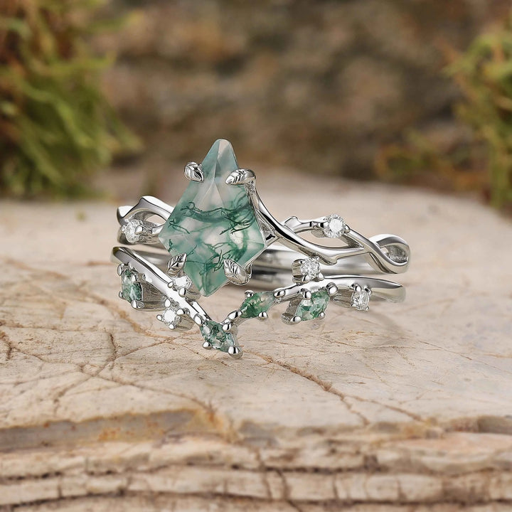 Unique Kite Cut Moss Agate Leaf and Vine Silver Ring Set 2pcs