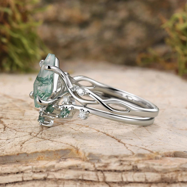 Unique Kite Cut Moss Agate Leaf and Vine Silver Ring Set 2pcs
