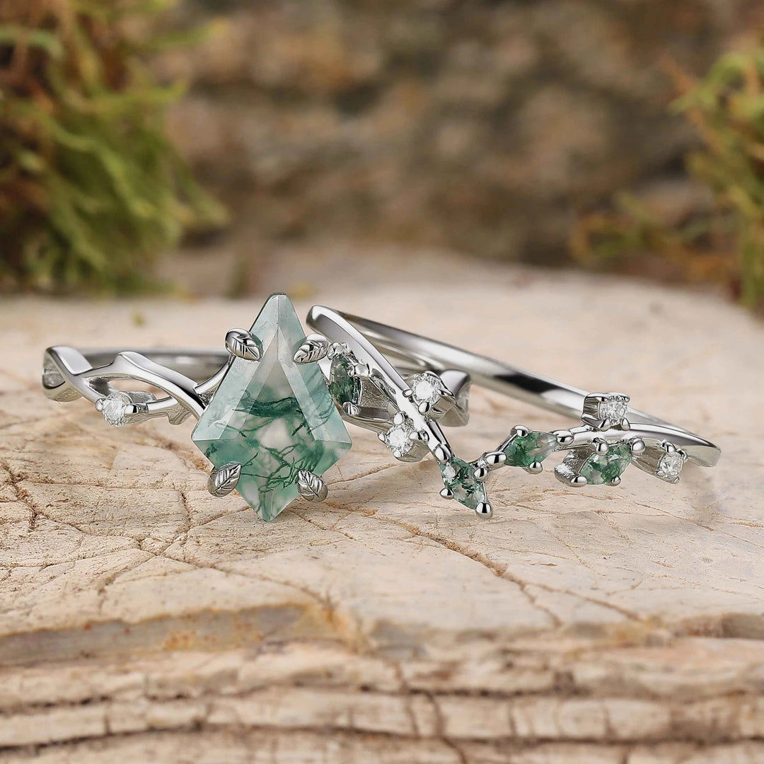 Unique Kite Cut Moss Agate Leaf and Vine Silver Ring Set 2pcs