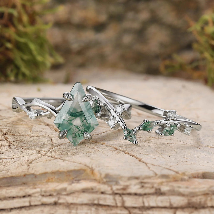 Unique Kite Cut Moss Agate Leaf and Vine Silver Ring Set 2pcs