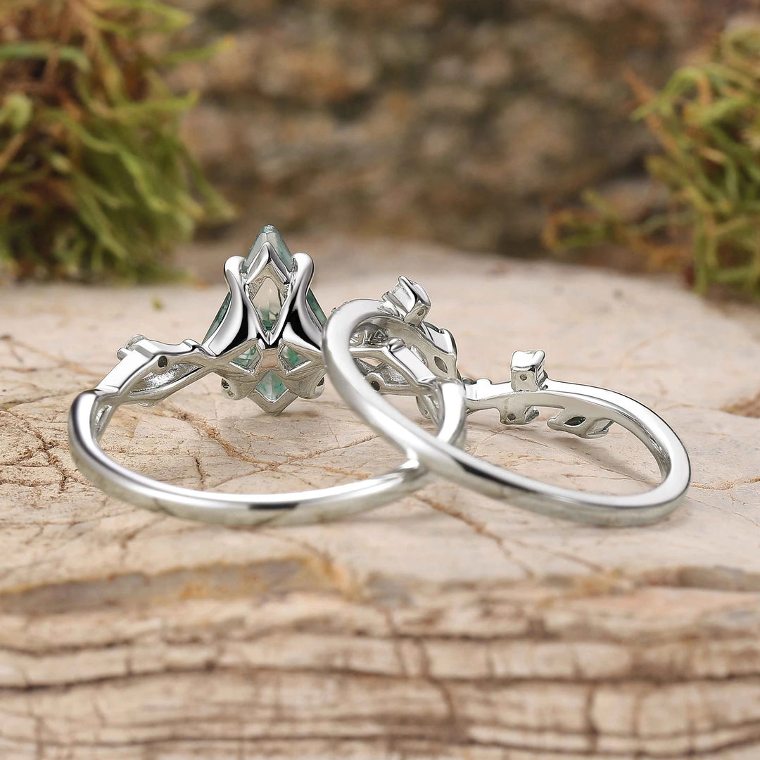 Unique Kite Cut Moss Agate Leaf and Vine Silver Ring Set 2pcs