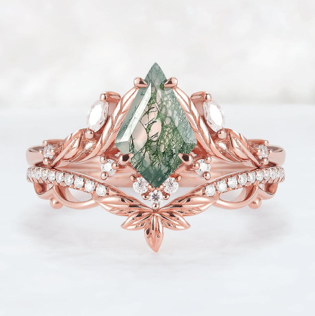 Unique Kite Cut Moss Agate Moissanite Leaf Engagement Ring Set 2pcs