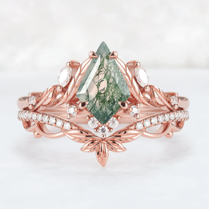 Unique Kite Cut Moss Agate Moissanite Leaf Engagement Ring Set 2pcs