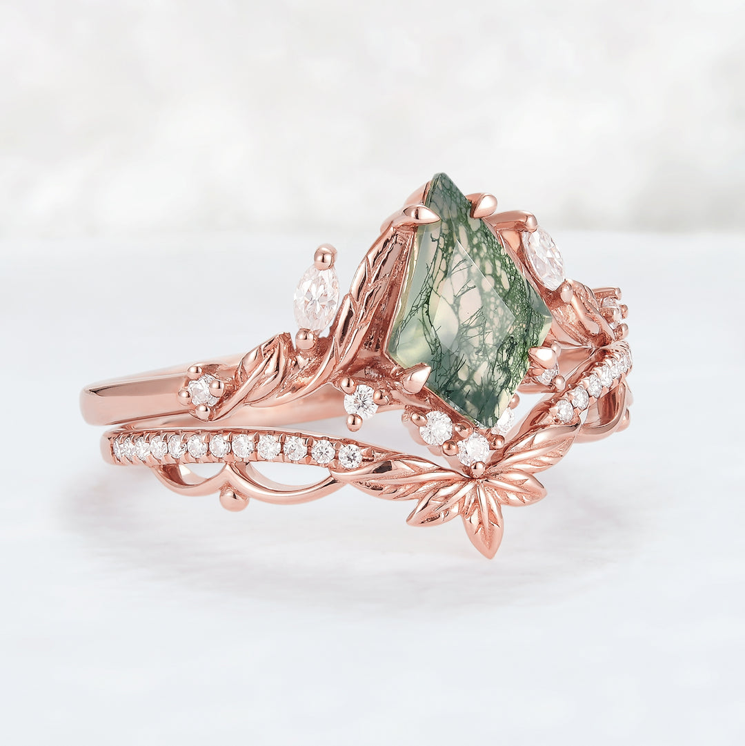 Unique Kite Cut Moss Agate Moissanite Leaf Engagement Ring Set 2pcs