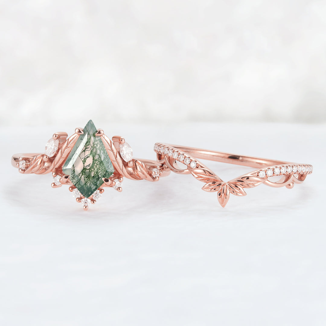 Unique Kite Cut Moss Agate Moissanite Leaf Engagement Ring Set 2pcs
