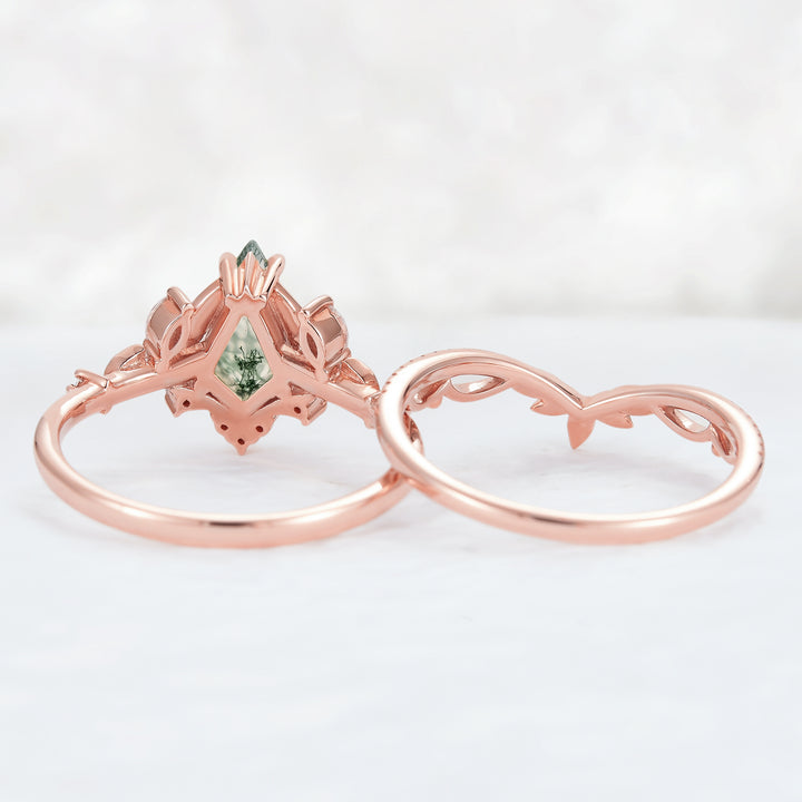 Unique Kite Cut Moss Agate Moissanite Leaf Engagement Ring Set 2pcs