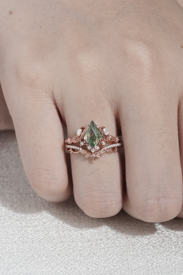 Unique Kite Cut Moss Agate Moissanite Leaf Engagement Ring Set 2pcs