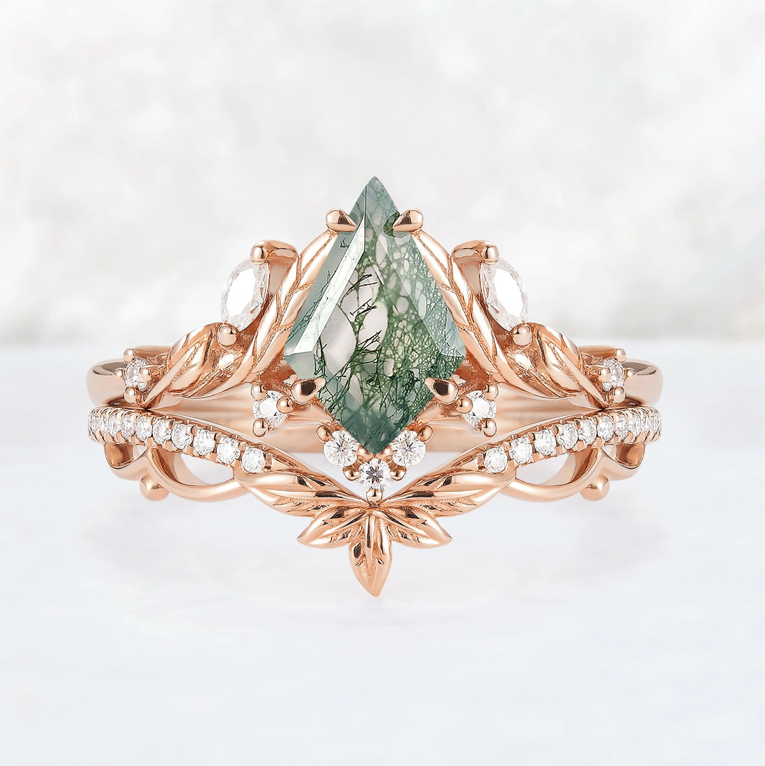 Unique Kite Cut Moss Agate Moissanite Leaf Gemstone Ring Set 2pcs
