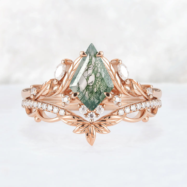 Unique Kite Cut Moss Agate Moissanite Leaf Gemstone Ring Set 2pcs