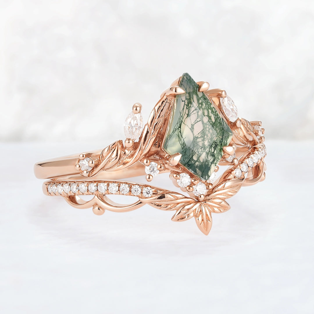 Unique Kite Cut Moss Agate Moissanite Leaf Gemstone Ring Set 2pcs
