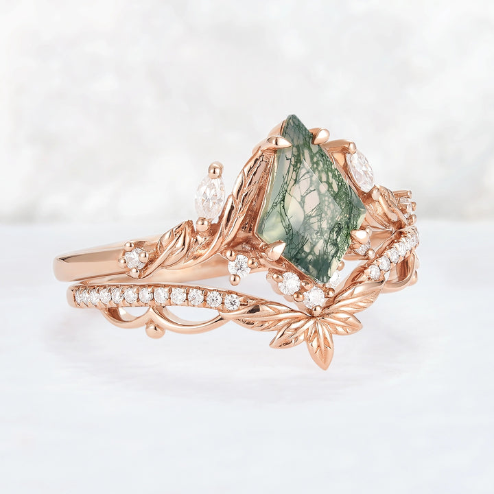 Unique Kite Cut Moss Agate Moissanite Leaf Gemstone Ring Set 2pcs
