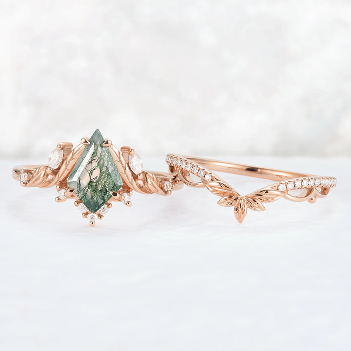 Unique Kite Cut Moss Agate Moissanite Leaf Gemstone Ring Set 2pcs