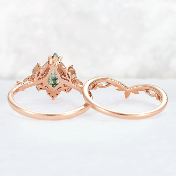 Unique Kite Cut Moss Agate Moissanite Leaf Gemstone Ring Set 2pcs
