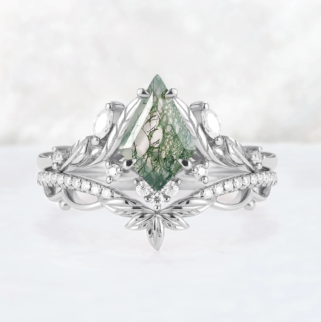 Unique Kite Cut Moss Agate Moissanite Leaf Gemstone Ring Set 2pcs