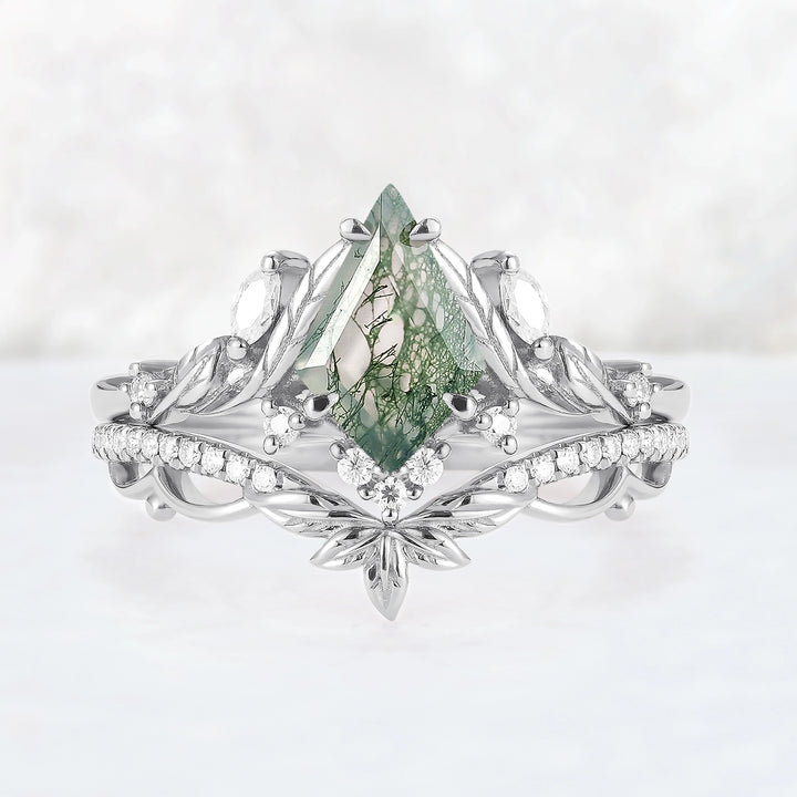 Unique Kite Cut Moss Agate Moissanite Leaf Gemstone Ring Set 2pcs